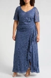 Alex Evenings Plus Size V-neck Ruffle-trim-slit Sequin Dress In Wedgewood