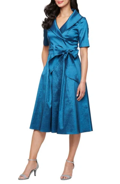 Alex Evenings Stretch Taffeta Faux Wrap Midi Cocktail Dress In Blue