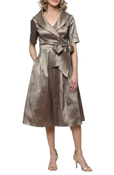 Alex Evenings Stretch Taffeta Faux Wrap Midi Cocktail Dress In Brown