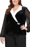 Alex Evenings Stretch Velvet Crystal Brooch Wrap Blouse In Black