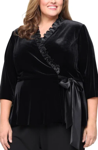 Alex Evenings Stretch Velvet Wrap Top With Satin Ruffle Detail In Black