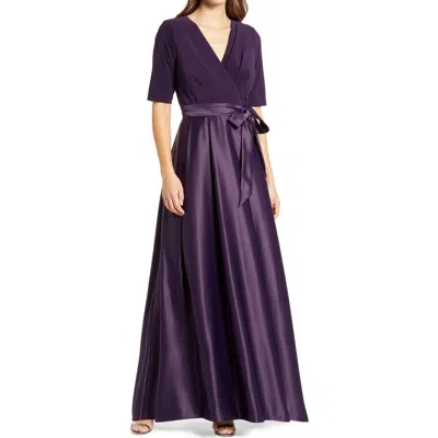 Alex Evenings Surplice Neckline Satin Formal Dress In Purple