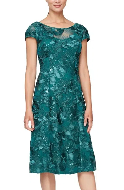 Alex Evenings Tea Length A-line Soutache Dress In Emerald In Blue