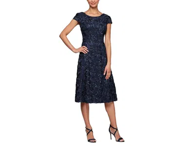 Alex Evenings Tea Length A-line Rosette Dress In Blue