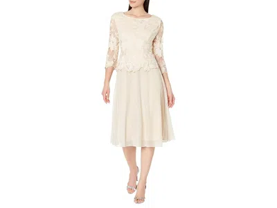 Alex Evenings Tea Length Embroidered Dress With Illusion Sleeve And Scallop Detail Full Skirt In Neutral