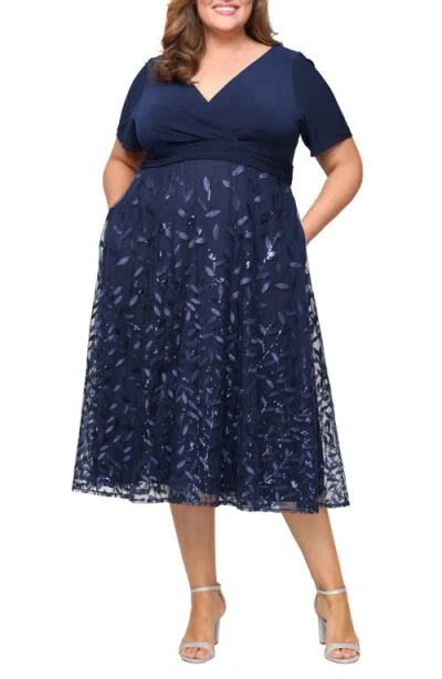 Alex Evenings Plus Size Embroidered V-neck A-line Midi Dress In Blue