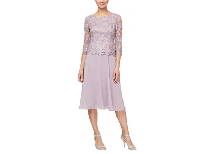 Alex Evenings Tea Length Embroidered With Full Skirt In Purple