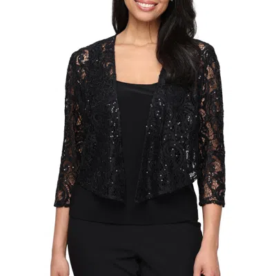 Alex Evenings Three-quarter Sleeve Stretch Sequin Lace Coverup Jacket In Black