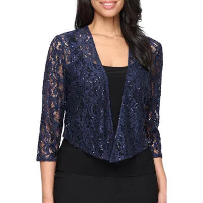 Alex Evenings Three-quarter Sleeve Stretch Sequin Lace Coverup Jacket In Blue