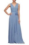 Alex Evenings Tie Waist Metallic Sleeveless Gown In Dusty Blue