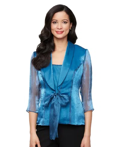 Alex Evenings Top Women's Deep Blue Chiffon Scoop Neck Tie Front Pal87