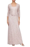 Alex Evenings Two-piece Sequin Lace Gown & Jacket In Shell Pink