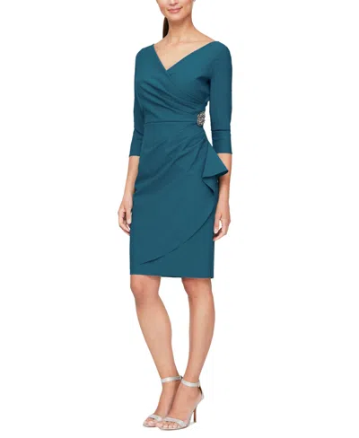 Alex Evenings Women's 3/4-sleeve Compression Draped Sheath Dress In Deep Teal