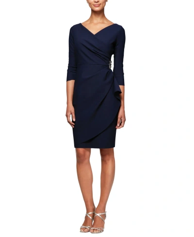 Alex Evenings Women's 3/4-sleeve Compression Draped Sheath Dress In Navy