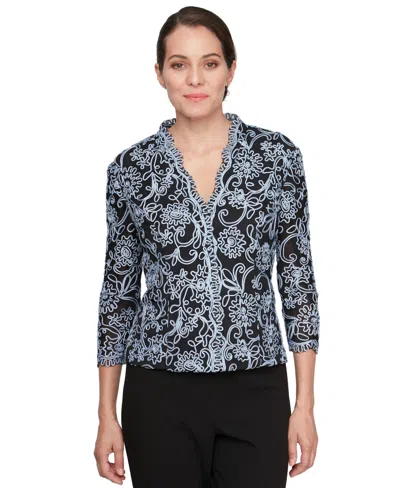 Alex Evenings Women's 3/4-sleeve Embroidered Blouse In Black,hydrangea