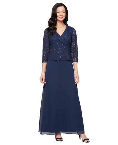 Alex Evenings Women's 3/4-sleeve Lace A-line Dress In Blue