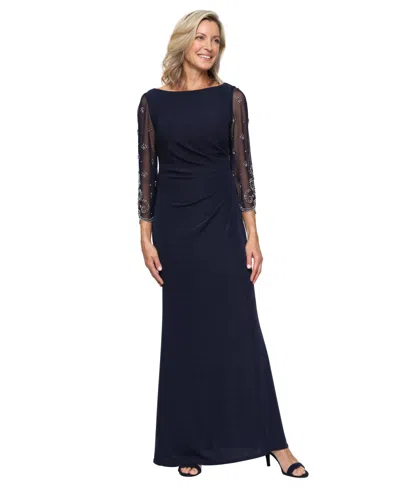 Alex Evenings Women's Boat Neck Long Metallic Knit Ball Gown In Blue