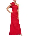 Alex Evenings Bow Detail One-shoulder Ruched Satin Gown In Red