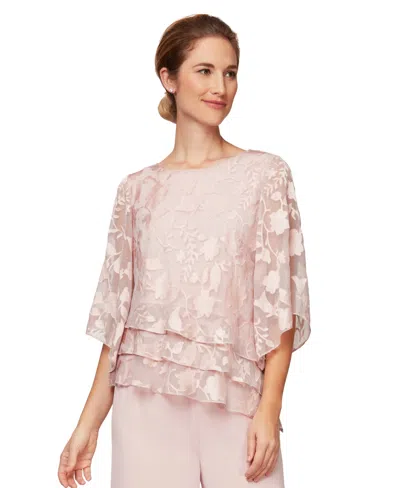 Alex Evenings Women's Burnout Asymmetrical Triple Tier Hem Boat Neck Top In Pink