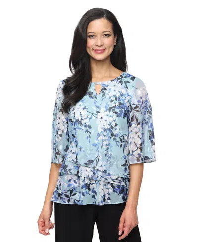 Alex Evenings Women's Burnout Chiffon Keyhole Neck Blouse In Blue