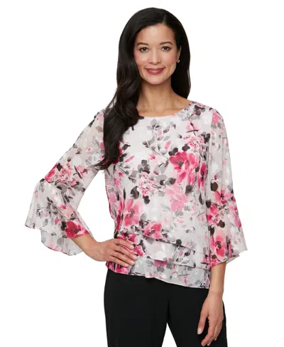 Alex Evenings Women's Chiffon Printed Bell-sleeve Blouse