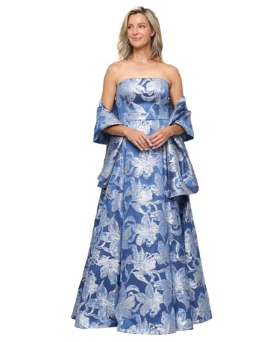 Alex Evenings Strapless Floral Jacquard Gown In Blue