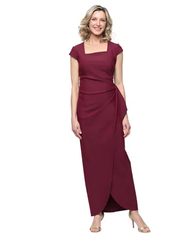 Alex Evenings Women's Contour Collection Long Square Neck Cap-sleeve Dress In Wine