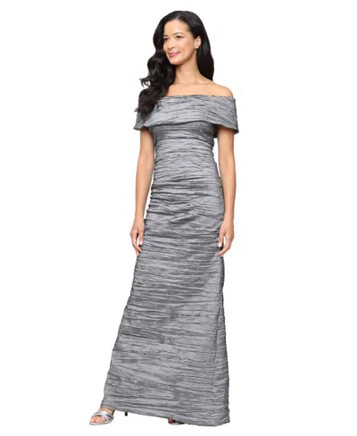 Alex Evenings Women's Crinkle Detail Off-the-shoulder Gown In Gray