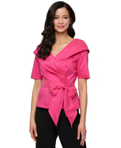 Alex Evenings Women's Elbow-sleeve Stretch Tie-waist Collared Taffeta Blouse In Fuchsia