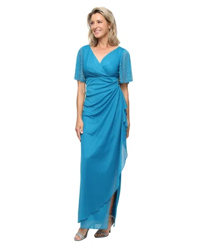 Alex Evenings Women's Embellished Flutter Sleeve Long Dress In Blue