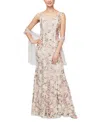 Alex Evenings Floral Embroidered Evening Gown With Wrap In Champagne