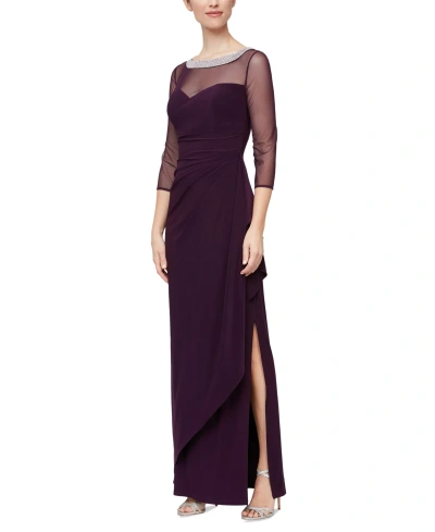 Alex Evenings Illusion Embellished Detail Jersey Gown In Eggplant