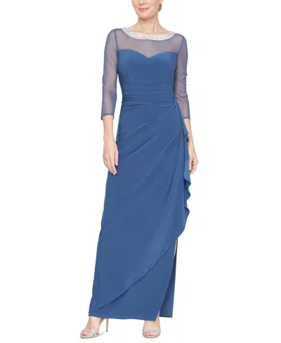 Alex Evenings Women's Embellished-neck Side-ruched Illusion Dress In Wedgewood