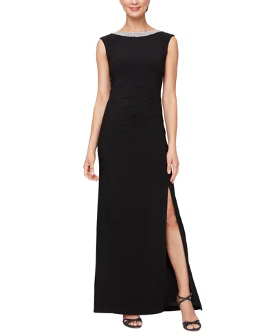 Alex Evenings Women's Embellished-neck Side-slit Gown In Black