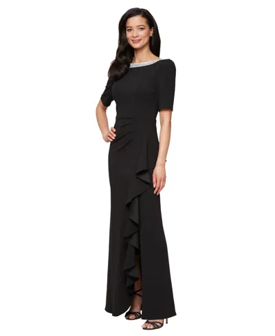 Alex Evenings Women's Embellished-neck Ruffle Gown In Black