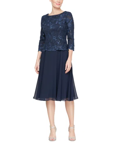 Alex Evenings Women's Embroidered 3/4-sleeve Tulle-skirt Tea Dress In Navy