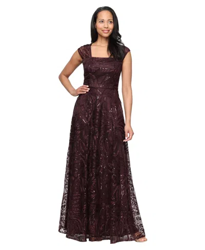 Alex Evenings Women's Embroidered A-line Square-neckline Gown In Maroon