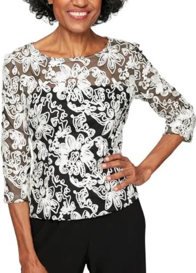 Pre-owned Alex Evenings Women's Embroidered Blouse Shirt (missy And Petite) In Black/white