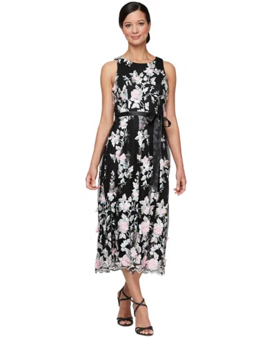 Alex Evenings Women's Embroidered-chiffon Satin-belt Dress In Black Multi