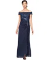 Alex Evenings Sequin Embroidered Lace Gown In Navy