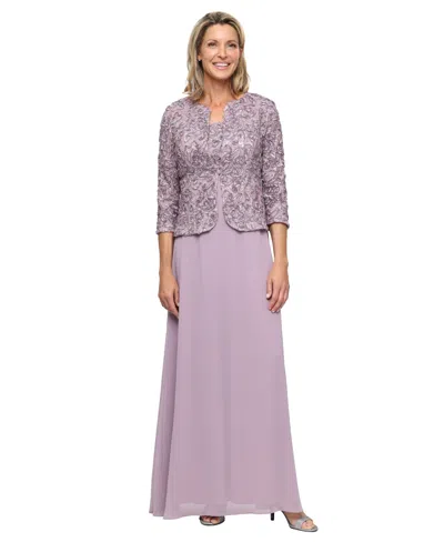 Alex Evenings Sequin Soutache Lace Empire Waist Chiffon Gown With Jacket In Purple