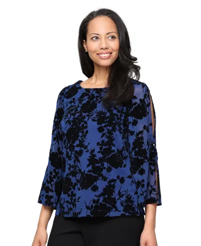 Alex Evenings Women's Flocked Yoryu Split-sleeve Blouse In Blue