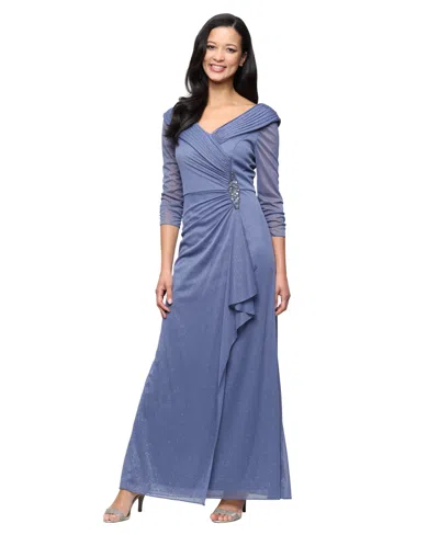 Alex Evenings Women's Glitter Mesh Long V-neck Gown In Blue