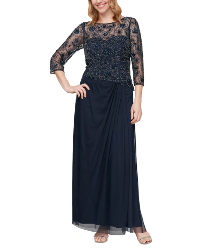 Alex Evenings Women's Illusion Beaded 3/4-sleeve Gown In Navy