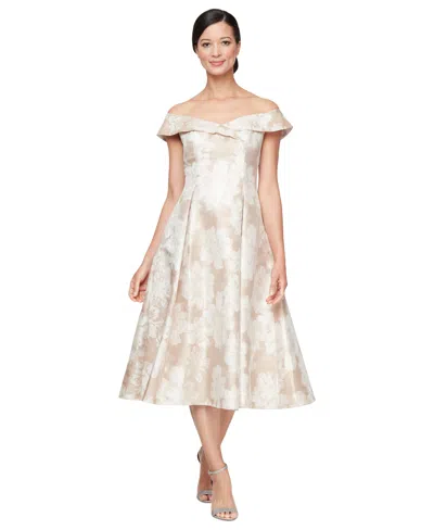ALEX EVENINGS WOMEN'S JACQUARD OFF-THE-SHOULDER DRESS
