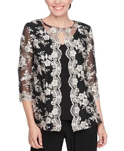 Alex Evenings Women's Lace 3/4-sleeve Layered-look Blouse In Black,taupe