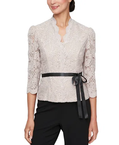 Alex Evenings Women's Lace Belted 3/4-sleeve Blouse In Taupe