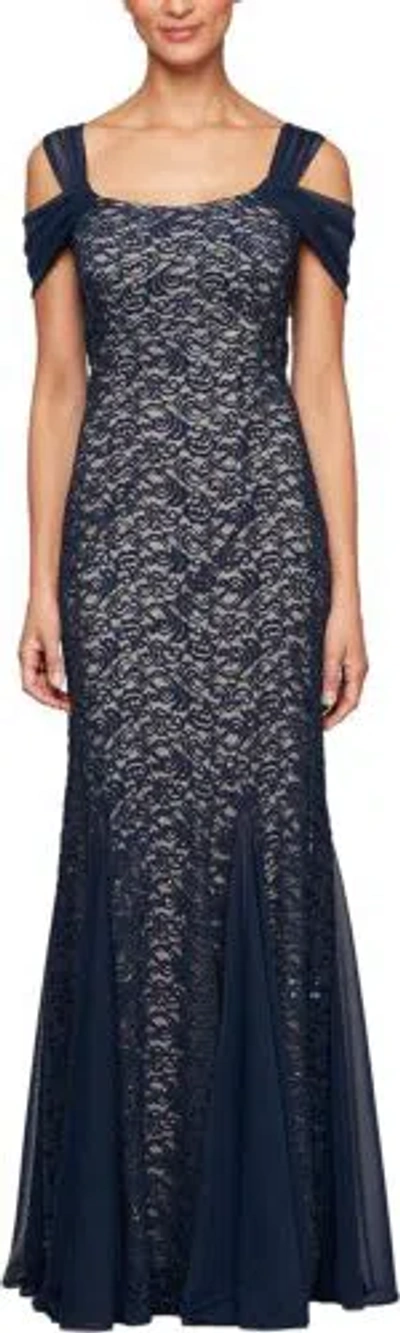 Pre-owned Alex Evenings Women's Long Cold Shoulder Dress (petite And Regular Sizes) In Navy/nude Lace