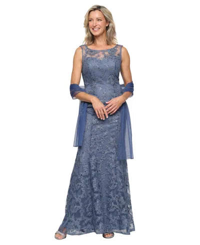 Alex Evenings Women's Long Embroidered Sleeveless Dress In Vintage Blue