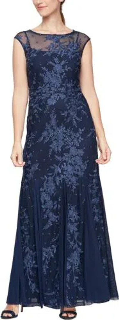 Pre-owned Alex Evenings Women's Long Fit And Flare Dress Godet Detail (petite And... In Navy Embroidery